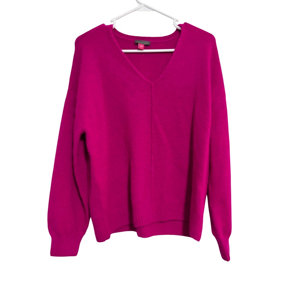 Vince Camuto V-Neck Pullover Sweater Fuchsia Pink Fuzzy Knit Medium